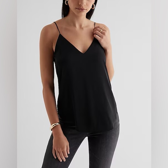 Express Tops - Express Satin V-Neck Downtown Cami - Black - Size Small